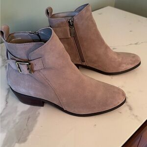 Blondo Taupe Suede Ankle Booties with Buckle & Side Zip